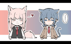 ... 2girls animal_ears asahina_yuni black_vest blonde_hair blue_eyes blush brown_jacket cat_ears cat_girl cat_tail crossed_bangs fox_ears fox_girl fox_tail green_hair haoxiangkan_nutong heart jacket kyou_wa_kanojo_ga_inai_kara long_sleeves multiple_girls necktie open_clothes open_jacket red_necktie shirt sideways_glance smile speech_bubble tail taki_fuuko vest white_background white_shirt