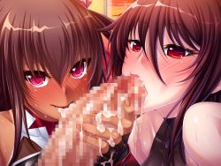 2girls aoi_nagisa_(metalder) black_lilith blush brown_hair censored cooperative_fellatio cum cum_in_mouth cum_on_body cum_on_upper_body disembodied_penis embarrassed fellatio fingerless_gloves game_cg gloves group_sex hetero incest leotard long_hair looking_at_viewer mature_female mizuki_shiranui mizuki_yukikaze mosaic_censoring mother_and_daughter multiple_girls oral oyakodon_(sex) penis red_eyes taimanin_(series) taimanin_suit taimanin_yukikaze tattoo teamwork_(sexual) tears tongue tongue_out tongue_tattoo