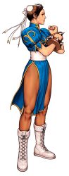 1girl absurdres boots bracelet breasts brown_eyes brown_hair bun_cover capcom capcom_vs_snk_2 china_dress chinese_clothes chun-li double_bun dress earrings game_cg hair_bun highres jewelry looking_to_the_side mori_toshiaki non-web_source official_art pantyhose pelvic_curtain short_hair solo spiked_bracelet spikes street_fighter studded_bracelet thick_thighs thighs unitard white_boots