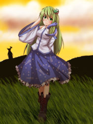 2girls absurdres blush boots bow crossover detached_sleeves green_eyes green_hair hair_ornament highres hiro_(pqtks113) horns ibuki_suika kochiya_sanae lace-up_boots long_hair mario_(series) multiple_girls nintendo smile snake touhou yoshi you_gonna_get_raped