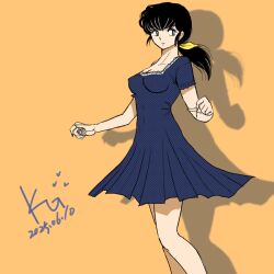 Rule 34 | 1girl, bare arms, bare legs, bare neck, black eyes, black hair, blue dress, bow, breasts, dress, drop shadow, hair bow, jian yin, looking to the side, maison ikkoku, medium breasts, orange background, otonashi kyouko, ponytail, short sleeves, simple background, standing, yellow bow