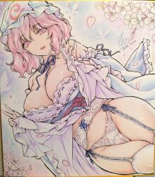 1girl absurdres blue_hat blue_kimono blue_ribbon breasts cherry_blossoms cleavage commentary_request dated falling_petals flower garter_belt groin hat highres japanese_clothes kimono large_breasts lifting_own_clothes lingerie long_sleeves looking_at_viewer mob_cap monety navel neck_ribbon open_mouth panties partially_undressed petals pink_eyes pink_flower pink_hair pink_petals ribbon saigyouji_yuyuko shikishi signature solo thighhighs thighs touhou traditional_media triangular_headpiece underwear white_panties white_thighhighs