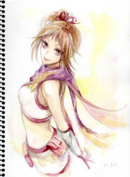 arms_behind_back brown_eyes brown_hair kunoichi_(sengoku_musou) lips midriff ninja ponytail scarf sengoku_musou side_ponytail sketchbook smile