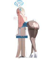 1girl animal_ears ass asuna_(blue_archive) asuna_(bunny)_(blue_archive) bar_stool bare_back bare_shoulders blonde_hair blue_archive blue_eyes blue_halo blue_leotard blush breasts commentary detached_collar fake_animal_ears fake_tail gloves hair_over_one_eye hair_ribbon halo high_heels highres large_breasts leaning_forward leotard long_hair looking_at_viewer looking_back pantyhose playboy_bunny rabbit_ears rabbit_tail ribbon smile solo stool strapless strapless_leotard sweat tail thighband_pantyhose torn_clothes torn_pantyhose tuubwhy very_long_hair white_gloves