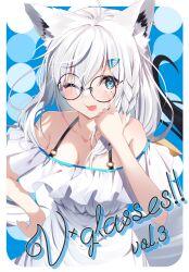 1girl animal_ears bespectacled black-framed_eyewear borumete breasts collarbone fox_ears fox_girl fox_tail glasses green_eyes highres hololive long_hair looking_at_viewer medium_breasts one_eye_closed round_eyewear shirakami_fubuki smile solo tail tongue tongue_out virtual_youtuber white_hair