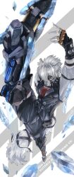 1boy absurdres animal_ears animal_nose arm_behind_back arm_up bicep_strap body_fur breast_pocket character_name closed_mouth collared_vest colored_tips deraken fingerless_gloves flexible furry furry_male gloves grey_hair hair_between_eyes highres ice kicking leg_lift leg_up male_focus multicolored_hair muzzle_(mask) orange_eyes outstretched_arm pants pocket prosthesis prosthetic_leg red_hair serious shirt short_hair snout solo split tail tail_belt vest von_lycaon white_fur white_hair white_shirt wolf_boy wolf_ears wolf_tail zenless_zone_zero