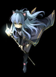 1girl black_background black_dress black_thighhighs blue_hair coat dress eiyuu_densetsu expressionless falcom female_focus full_body hairband long_hair saru shoes skirt solo thighhighs tio_plato two_side_up yellow_eyes zero_no_kiseki