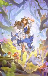 1girl alice&#039;s_adventures_in_wonderland alice_(alice_in_wonderland) apron bare_tree black_shoes blue_bow blue_bowtie blue_skirt bow bowtie brown_eyes brown_hair brown_vest cat collarbone collared_shirt day expressionless eyelashes fern floating_clothes floating_hair forest frilled_apron frilled_gloves frilled_skirt frilled_sleeves frills frog full_body gloves hair_bow hand_on_lap hand_on_own_head highres kneehighs leaf lips long_hair long_sleeves looking_ahead making-of_available mary_janes medium_skirt mushroom nature outdoors parted_bangs parted_lips rabbit running shirt shoes sidelocks skirt socks solo tamias teeth three-quarter_sleeves tree vest waist_apron wavy_hair white_apron white_gloves white_shirt white_socks wind