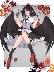 1girl bird_wings black_hair black_ribbon black_skirt black_socks black_wings breasts camera collared_shirt commentary_request commission frilled_skirt frills geta hat highres holding holding_camera holding_pen looking_at_viewer multi-source_commentary neck_ribbon nib_pen_(object) open_mouth pen pointy_ears pom_pom_(clothes) red_eyes red_hat red_shoes ribbon ribbon-trimmed_skirt ribbon_trim shameimaru_aya shirt shoes skirt smile socks solo tengu-geta tokin_hat touhou twitter_username white_shirt wings yoruno_tori3