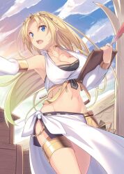 1girl armpits blonde_hair blue_eyes breasts cleavage clipboard crown female_focus hip_bones holding holding_clipboard hyakuren_no_haou_to_seiyaku_no_valkyria large_breasts long_hair midriff navel open_mouth outdoors parted_bangs sarong sidelocks skirt sky solo tagme tiara yukisan