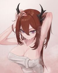 1girl absurdres arknights armpits arms_up bare_arms bare_shoulders breasts closed_mouth collarbone from_above gradient_background hair_between_eyes hands_in_hair highres horns large_breasts long_hair looking_at_viewer looking_up mildt naked_towel pink_background purple_eyes red_hair solo steam surtr_(arknights) towel upper_body v-shaped_eyebrows very_long_hair