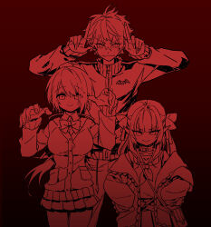 1boy 2girls belt bow bowtie cardigan collar collared_shirt cowboy_shot fang fingernails gradient_background hair_between_eyes hands_on_own_hips hands_up height_difference highres indoors jacket kuzuha_(1st_costume)_(nijisanji) kuzuha_(nijisanji) long_fingernails long_hair looking_at_viewer low_ponytail makaino_ririmu makaino_ririmu_(4th_costume) miniskirt monochrome multiple_girls nijisanji nijisanji_gamers pants pleated_skirt pocket pointy_ears ponytail pouch red_theme sailor_collar school_uniform serafuku sharp_fingernails shiina_yuika shiina_yuika_(1st_costume) shirt skirt sleeves_past_fingers sleeves_past_wrists smile standing two_side_up v-shaped_eyebrows virtual_youtuber yukot
