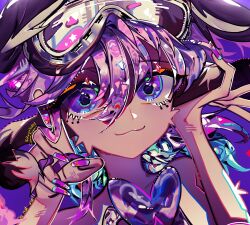 Rule 34 | :3, animal ears, autooohyo, blush, fingernails, goggles, goggles on head, hand in own hair, heart, highres, light blush, long fingernails, looking at viewer, multicolored nails, original, purple background, purple eyes, purple hair, ski goggles, tagme
