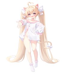 1girl absurdly_long_hair absurdres ahoge animal_ear_fluff animal_ears attilio_regolo_(azur_lane) azur_lane blonde_hair bobby_socks bow cat_ears cat_girl cat_tail chinese_commentary collarbone commentary_request flat_chest full_body groin heart heart_ahoge highres loli long_hair long_sleeves naked_shirt open_mouth pink_eyes qian_hen shirt simple_background socks solo tail tail_bow tail_ornament very_long_hair white_background white_shirt white_socks