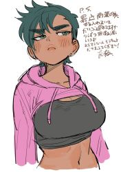 1girl blush breasts cleavage clothes_lift dancho_no_mori dark-skinned_female dark_skin ear_piercing genderswap genderswap_(mtf) green_eyes green_hair hood hoodie hoodie_lift large_breasts lips little_mac looking_to_the_side midriff navel nintendo piercing pout punch-out!! short_hair solo tank_top upper_body white_background