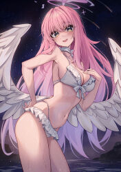 1girl absurdres armpits bikini blue_archive blush breasts commentary feathered_wings frilled_bikini frills gradient_hair halo hand_on_own_chest hidel highres long_hair looking_at_viewer medium_breasts mika_(blue_archive) mika_(swimsuit)_(blue_archive) multicolored_hair navel night night_sky official_alternate_costume pink_hair purple_hair shooting_star sky smile solo star_(sky) starry_sky stomach straight_hair swimsuit very_long_hair white_bikini white_wings wings yellow_eyes