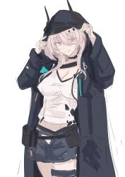 1girl absurdres arknights black_choker black_coat black_shorts breasts choker cleavage coat cosplay cowboy_shot doctor_(arknights) doctor_(arknights)_(cosplay) highres hood hood_up hooded_coat horns jewelry ken_(shutenndouji1) large_breasts long_sleeves looking_at_viewer material_growth multiple_rings oripathy_lesion_(arknights) pink_eyes pink_hair ring shirt shorts simple_background smile solo theresa_(arknights) white_background white_shirt