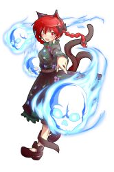 1girl alphes_(style) animal_ears black_bow black_shoes blue_fire blush bow braid breasts cat_ears cat_tail commentary_request dairi dress fire floral_print full_body green_dress hair_between_eyes hair_bow highres holding holding_skull kaenbyou_rin large_variant_set long_hair long_sleeves multiple_tails parody platform_shoes red_hair shoes skull slit_pupils small_breasts solo style_parody tachi-e tail tail_raised touhou transparent_background twin_braids two_tails variant_set