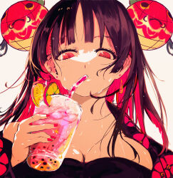1girl absurdres black_hair black_tube_top breasts bubble_tea colored_inner_hair commentary_request cup drinking_straw drinking_straw_in_mouth earrings floating_earrings food food_focus fruit highres holding holding_cup jewelry kiwi_(fruit) kiwi_slice lantern lantern_fish large_breasts lemon lemon_slice looking_at_viewer multicolored_hair original paper_lantern pink_eyes pink_hair simple_background solo strapless sweat teardrop_earrings tiaki208 tube_top white_background wispy_bangs zetchou_sanka_(wanuka)