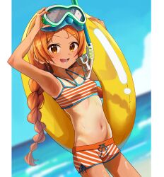 1girl absurdres arm_up armpits beach bikini bikini_shorts blue_sky blurry blurry_background braid breasts cabbage_(chlehd2239) commentary_request day goggles goggles_on_head highres holding holding_swim_ring idolmaster idolmaster_million_live! idolmaster_million_live!_theater_days innertube korean_commentary long_hair looking_at_viewer lower_teeth_only mixed-language_commentary navel ocean ogami_tamaki one-piece_tan open_mouth orange_bikini orange_eyes orange_hair partial_commentary shorts sky small_breasts snorkel solo striped_bikini striped_clothes swim_ring swimsuit tan tanline teeth twin_braids yellow_innertube