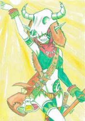 1girl animal_skull arm_up armband bag bracelet breasts brown_headwear collar cow_skull dragonemperror2810 dungeons_&amp;_dragons elf facial_mark fangs flask fur_hat gloves green_gloves green_shirt green_thighhighs grin halterneck hat holding jewelry loincloth medium_breasts midriff navel necklace object_on_head pointy_ears red_hair scroll shirt short_hair single_glove single_thighhigh skull skull-shaped_hat skull_hat smile staff standing stomach_tattoo sun sword tattoo teeth thigh_strap thighhighs tooth_necklace tribal weapon yellow_background yellow_thighhighs