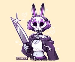 animal_ears artist_name belt choker commentary english_commentary hair_ornament heart heart_hair_ornament holding holding_knife hood hoodie knife long_sleeves mask mattibee midriff nail_polish neon_violet neon_white oversized_object purple_hair rabbit_ears rabbit_mask sparkle upper_body yellow_background
