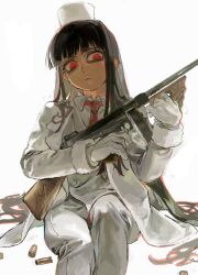1girl 2ya0213 alucard_(hellsing) black_hair formal_clothes genderswap genderswap_(mtf) girlycard gun hellsing highres holding holding_gun holding_weapon long_hair pants red_eyes solo submachine_gun suit thompson_submachine_gun vampire very_long_hair weapon white_pants white_suit
