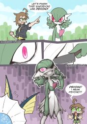 1boy absurdres angelo&#039;s_world artist_name black_jacket blue_sky bob_cut brown_hair colored_skin crazy_smile dress flying_sweatdrops gardevoir gen_1_pokemon gen_3_pokemon glowing glowing_eyes green_eyes green_hair green_skin highres holding holding_knife holding_poke_ball jacket knife multicolored_skin nintendo outdoors pink_eyes pointing poke_ball pokemon pokemon_(creature) pokemon_battle sky smile two-tone_skin vaporeon white_dress white_skin