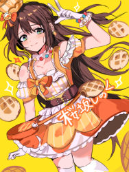 Rule 34 | 1girl, aqua eyes, argyle clothes, argyle legwear, arm garter, artist name, artist request, back bow, bag, bare shoulders, blue eyes, blush, bow, bowtie, bracelet, breasts, brown corset, brown hair, cheer for you!!, cheer for you!! (love live!), collarbone, corset, dream land! dream world!, dream land! dream world! (love live!), dress, earrings, female focus, floating hair, frilled dress, frilled skirt, frills, fur-trimmed legwear, fur collar, fur trim, gem, gloves, hair between eyes, half updo, handbag, hat, hat bow, high ponytail, jewelry, long hair, looking at viewer, love live!, love live! nijigasaki high school idol club, love live! school idol festival, mini hat, mini top hat, miniskirt, necklace, orange bow, orange dress, orange hat, orange legwear, orange skirt, osaka shizuku, parted lips, pearl (gemstone), pearl bracelet, pearl necklace, pink lips, plaid clothes, plaid dress, plaid skirt, pleated, pleated dress, pleated skirt, ponytail, puffy short sleeves, puffy sleeves, red bow, short sleeves, skirt, smile, solo, sparkle, striped clothes, striped dress, top hat, vertical-striped clothes, vertical-striped dress, wavy eyes, white gloves, white skirt, yellow background, yellow dress, yellow hat, yellow skirt