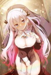 Rule 34 | 1girl, absurdres, ascot, black dress, blue eyes, blush, breasts, cleavage, closed mouth, collar, commission, covering crotch, covering privates, dress, embarrassed, garter belt, garter straps, gradient hair, hair between eyes, hand on own chest, highres, large breasts, lens flare, long hair, long sleeves, looking at viewer, multicolored hair, nail polish, nun, original, pink hair, pink nails, shiro9jira, side slit, skeb commission, smile, solo, standing, thighhighs, thighs, two side up, very long hair, virtual youtuber, white collar, white hair, white thighhighs