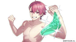 1boy ahoge clenched_hands collarbone commentary_request company_name copyright_notice crossed_bangs genderswap genderswap_(ftm) grin hair_between_eyes hair_ornament hairclip hands_up looking_at_viewer male_focus male_swimwear mole mole_under_eye multicolored_hair nijisanji official_art parted_bangs pectorals pink_eyes pink_hair sasaki_saku sasaki_zaku shippaiderman short_eyebrows short_hair simple_background smile solo sparkle streaked_hair swim_briefs teeth topless_male upper_body v-shaped_eyebrows virtual_youtuber white_background