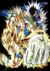 1boy absurdres artist_name aura black_background black_hair blonde_hair blue_pants blue_shirt boots character_name commentary_request dougi dragon_ball dragonball_z earrings gekiroo gloves green_eyes highres jewelry looking_at_viewer male_focus medium_hair multiple_views open_mouth orange_sash orange_shirt pants potara_earrings revision shirt simple_background spiked_hair super_saiyan super_saiyan_1 teeth transformation vegetto white_boots white_gloves