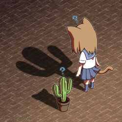 Rule 34 | 1girl, ?, animal ears, artist name, brick floor, brown hair, cactus, cat ears, cat girl, cat tail, dated, different shadow, facing away, grey skirt, grey socks, highres, original, plant, pleated skirt, potted plant, school uniform, serafuku, shadow, shapoco, shirt, short sleeves, skirt, socks, solo, standing, tail, white shirt