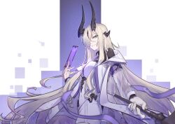 1girl absurdres arknights between_fingers black_horns black_shirt blonde_hair chinese_commentary coat commentary_request commission cowboy_shot dress green_eyes hair_over_one_eye highres holding horns long_hair long_sleeves looking_at_viewer mihuashi_commission necrass_(arknights) off_shoulder one_eye_covered see-through_clothes see-through_sleeves shirt smile solo sparkle standing white_coat white_dress withmeblazar