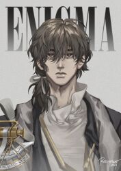1boy 2024 absurdres artist_name black_coat black_hair brown_eyes character_name coat enigma_(reverse:1999) grey_background hair_between_eyes highres long_hair looking_at_viewer low_ponytail male_focus medium_hair ponytail reverse:1999 ripshinaide shirt signature solo upper_body white_shirt
