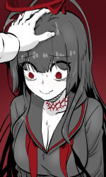 1boy 1girl absurdres black_hair black_serafuku blood blood_halo blue_archive breasts cleavage halo headpat highres large_breasts light_blush liquid_halo nervous_smile red_background red_eyes school_uniform sensei_(blue_archive) serafuku smile solo_focus sweat tsurugi_(blue_archive) twoj
