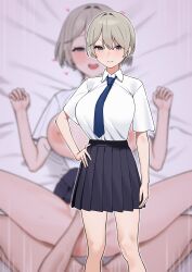 1boy 1girl absurdres black_skirt blue_eyes blue_necktie breasts closed_mouth collared_shirt commentary_request fffukuzawa grey_hair hair_intakes hetero highres knees large_breasts looking_at_viewer missionary multiple_views necktie original pleated_skirt pov pov_crotch school_uniform shirt short_hair short_sleeves skirt smile standing thighs white_shirt