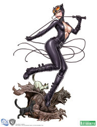 1girl animal animal_ears batman_(series) belt black_cat black_hair bodysuit boots breasts cape cat catwoman claws cleavage clenched_teeth collar copyright_name dc_comics emblem fake_animal_ears female_focus full_body gargoyle gloves goggles goggles_on_head green_eyes high_heels highres hood knee_boots large_breasts latex leg_lift lipstick looking_at_viewer makeup mouth_hold muscular naughty_face no_bra open_clothes open_mouth platform_footwear selina_kyle shoes simple_background skin_tight solo standing standing_on_one_leg statue strap teeth tongue torn_clothes unzipped warner_bros watermark weapon whip white_background yamashita_shun&#039;ya zipper