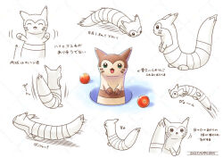 :d apple arrow_(symbol) commentary_request food fruit furret gen_2_pokemon green_eyes hiraisaki motion_lines multiple_views nintendo no_humans open_mouth partially_colored pokemon pokemon_(creature) pokemon_focus smile translation_request