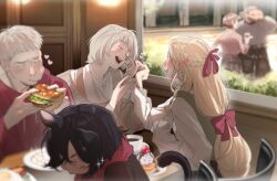 3boys 3girls alternate_costume beard black_hair blonde_hair blurry blurry_background blush braid burger bush cat_girl chair cheek_bulge chilchuck_tims chocolate_syrup closed_eyes coffee contemporary dungeon_meshi dwarf eating elf facial_hair falin_touden falin_touden_(tallman) food fruit hair_ribbon heart highres hood hoodie indoors izutsumi laios_touden long_hair marcille_donato monnbr multiple_boys multiple_girls open_mouth outdoors pancake pancake_stack plate pointing pointy_ears ribbon scarf senshi_(dungeon_meshi) sitting smile sparkle strawberry sweater tears whipped_cream window