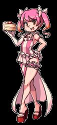 1girl alex_ahad_(style) animated animated_gif asymmetrical_legwear blush_stickers cake crossed_legs cupcake-chan dan_kim english_text engrish_text female_focus food frilled_thigh_strap frills gloves hair_ribbon hand_on_own_hip looking_at_viewer magical_girl mismatched_legwear open_mouth orange_eyes original parody pink_hair platform_footwear platform_heels platform_sandals ranguage ribbon sandals showgirl_skirt skullgirls smile solo standing striped style_parody thigh_strap toes transparent_background twintails vertical_stripes watson_cross wide_hips