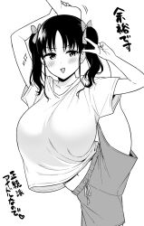 Rule 34 | 1girl, arms up, blush, bow, breasts, collarbone, commentary request, cowboy shot, drawstring, flexible, greyscale, hair bow, hair ornament, hand on own foot, highres, holding own leg, huge breasts, large breasts, leg behind shoulder, leg hold, leg lift, leg up, looking at viewer, loose clothes, loose shirt, medium hair, midriff peek, monochrome, nagachichi chika idol-chan (yue (show-ei)), navel, open mouth, original, parted bangs, shirt, short sleeves, shorts, sidelocks, simple background, smile, smug, solo, sparkle, split, spread legs, standing, standing on one leg, standing split, t-shirt, translation request, twintails, v, white background, yue (show-ei)