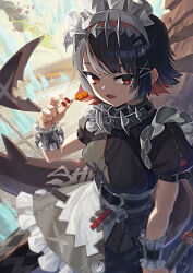 1girl apron black_pantyhose breasts candy dress ellen_joe fins fish_tail food frilled_dress frilled_hairband frilled_wrist_cuffs frills greyscale hair_ornament hairband hairclip hatiue_(hachi) holding holding_candy holding_food holding_lollipop holding_weapon lollipop looking_at_viewer maid maid_apron maid_headdress medium_breasts mole mole_under_eye monochrome open_mouth pantyhose puffy_short_sleeves puffy_sleeves red_eyes red_hair red_nails shark_girl shark_tail sharp_teeth short_hair short_sleeves solo tail teeth weapon wrist_cuffs x_hair_ornament zenless_zone_zero