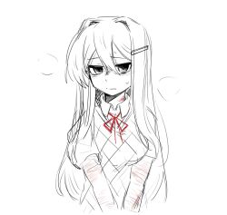 1girl bags_under_eyes blood blush breasts bruise bruise_on_neck cuts doki_doki_literature_club hair_between_eyes hair_intakes injury long_hair red_ribbon ribbon scar school_uniform short_sleeves solo ting_mong yuri_(doki_doki_literature_club)