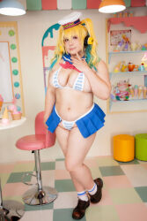 Rule 34 | 1girl, asian, blonde hair, breasts, chouzuki maryou, cosplay, female focus, food, highres, ice cream, lipstick, makeup, nitroplus, photo (medium), plump, solo, super pochaco, super pochaco (cosplay), thick thighs, thighs