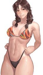 1girl abs adjusting_clothes adjusting_swimsuit bikini black_bikini braid breasts brown_eyes brown_hair commentary hair_over_shoulder hanny_(uirusu_chan) highleg highleg_bikini highres julia_chang legs_together lips looking_at_viewer medium_breasts medium_hair mismatched_bikini namco navel orange_bikini print_bikini pulling_own_clothes smirk solo standing swimsuit symbol-only_commentary tekken thick_thighs thighs toned twin_braids underboob wet