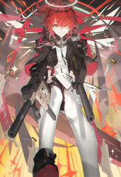 1girl :d absurdres aiming aiming_at_viewer arknights black_gloves black_jacket bullet bullpup chinese_commentary chromatic_aberration commentary_request danzir dual_wielding exusiai_(arknights) exusiai_the_new_covenant_(arknights) fingerless_gloves fingernails glint gloves grin gun hair_between_eyes halo highres holding holding_gun holding_weapon jacket kriss_vector light_particles looking_at_viewer open_mouth orange_eyes p90 partial_commentary personal_defense_weapon red_hair short_hair smile solo sparkle submachine_gun suppressor thighhighs traditional_halo weapon white_halo white_thighhighs