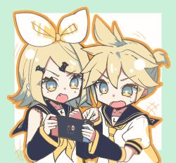 1boy 1girl arguing bare_shoulders black_sailor_collar black_sleeves blonde_hair blue_eyes border bow brother_and_sister cowlick detached_sleeves eyes_visible_through_hair fang green_border hair_between_eyes hair_ornament hairclip halka high_ponytail kagamine_len kagamine_rin looking_at_object motion_lines muted_color neckerchief necktie nintendo_switch open_mouth orange_outline outline parted_bangs pointing pointing_at_object ponytail sailor_collar shirt short_ponytail siblings sweatdrop twins vocaloid white_bow white_shirt yellow_neckerchief yellow_necktie yellow_sleeve_cuffs