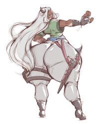 1girl absurdres arm_up ass bad_anatomy before_the_dawn_(series) blue_eyes blue_sash boots concept_art dark_skin elizabeth_achenus_kris fantasy from_behind full_body green_tunic highres horns huge_ass kepler_pigment large_hands leather_strap long_hair mature_female official_art original sash short_sword shortstack single_horn sword theo_kris_(artist) thick_lips thick_thighs thighs tunic weapon white_background white_hair wide_hips