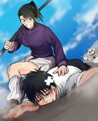 Rule 34 | black hair, cloud, cloudy sky, girl on top, green hair, highres, inumaki toge, jacket, jujutsu kaisen, kudan (itisarudomo), okkotsu yuuta, panda, panda (jujutsu kaisen), polearm, sitting, sitting on person, skirt, sky, smile, sweat, track jacket, weapon, zen&#039;in maki